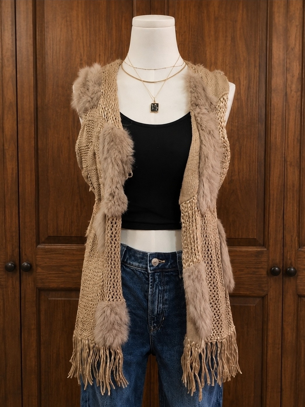 Faux-Fur Trim Beige Knit Fringe Vest - Women's Sweater Vest